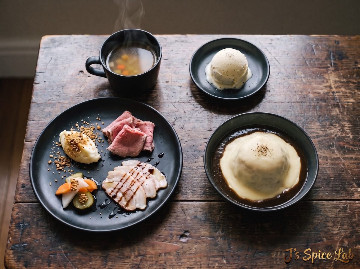 ディナーセットのイメージ（前菜盛り・ミニ丼・スープ・バニラアイス）